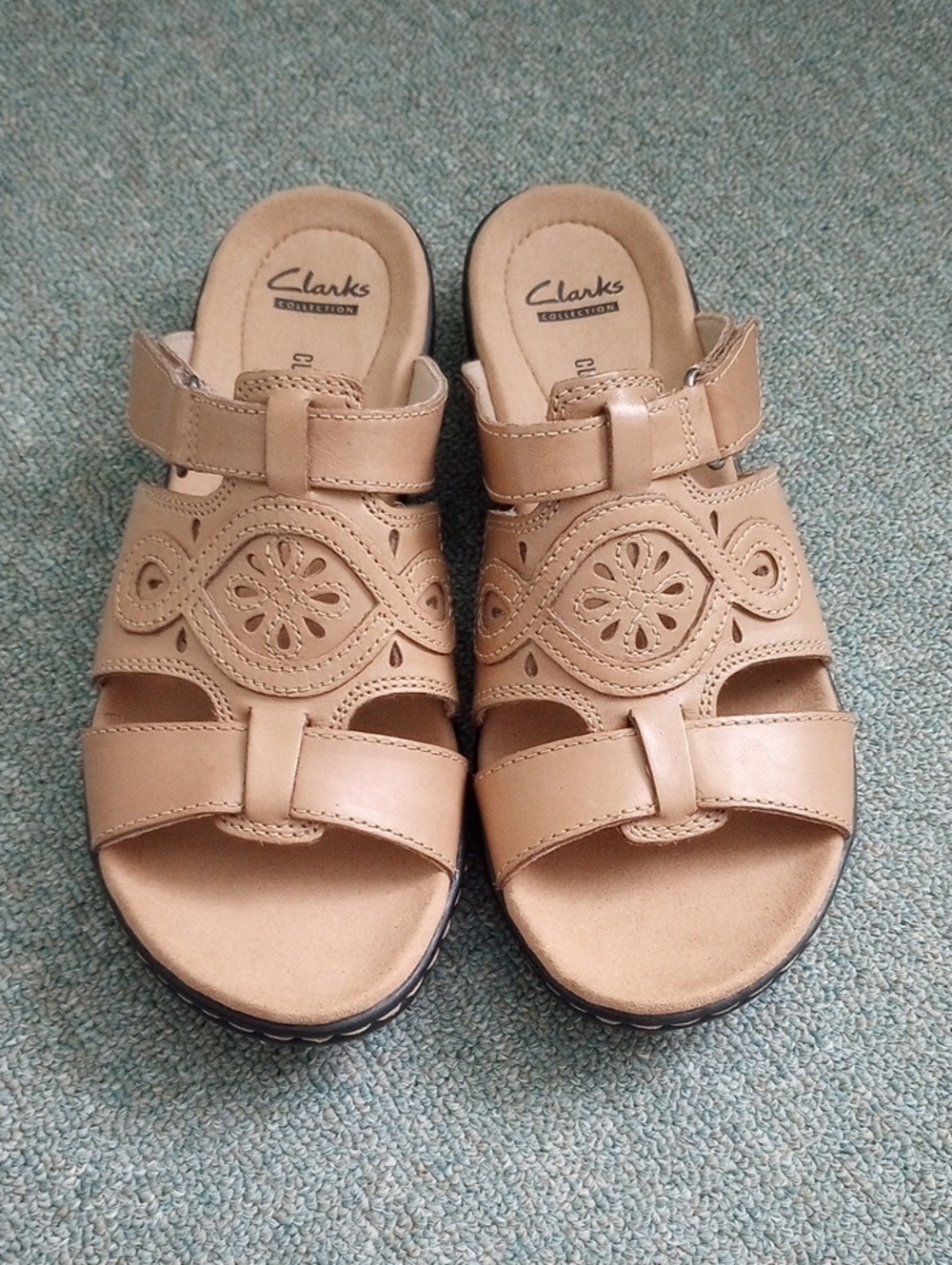 Clarks Tan Leather Slide Sandals with Laser-Cut Detail